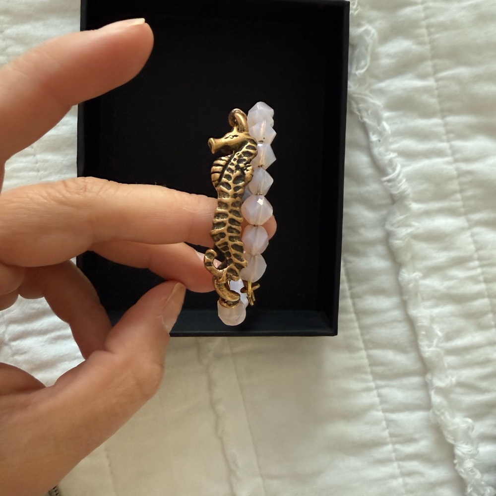 Alex and Ani Gold Seahorse Bracelet with White Beads